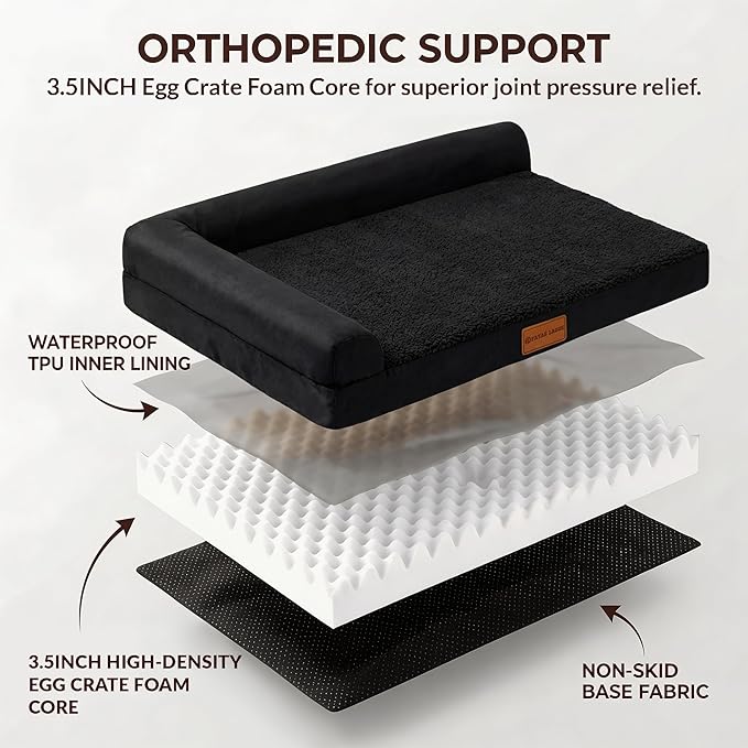 Patas Lague Orthopedic XL Dog Bed Large Sized Dog 48''X30'', Waterproof L Bolster Big Pet Sofa Beds with Removable Washable Cover, Soft Comfortable Pet Couch Crate Mat with Nonskid Bottom, Black