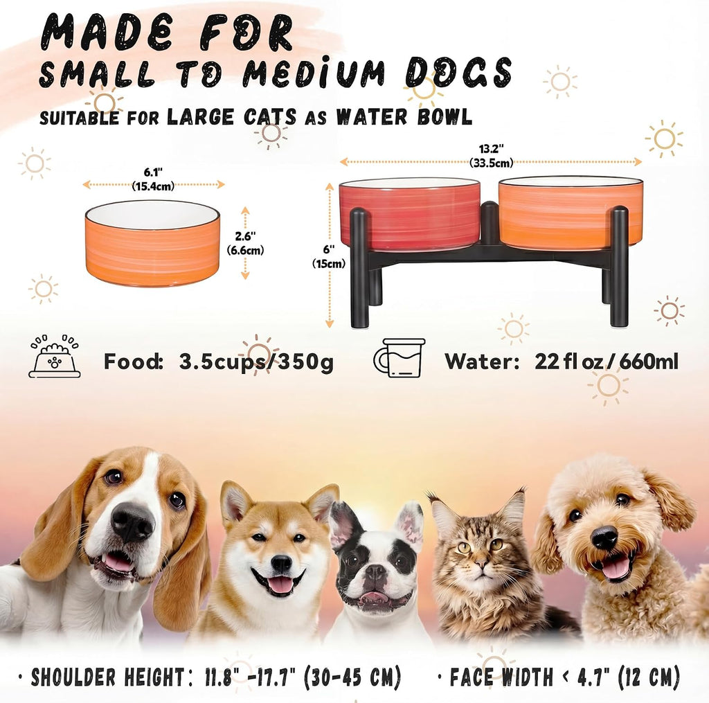 Ceramic Elevated Dog Bowl Set, 6.1''Raised Dog Food and Water Bowl Set with Non-Slip Stainless Steel Stand, Double Raised Dish for Small and Medium Breed, 3.5 Cups / 22 Fl Oz, Sunset Duo