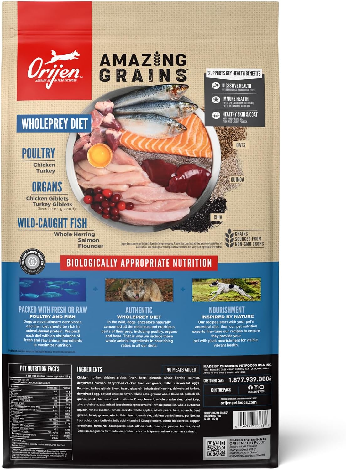 ORIJEN Amazing Grains WHOLEPREY Dry Dog Food Original Recipe 22.5lb. Bag | 90% Animal Ingredients, Freeze Dried, Fresh or Raw Ingredients, Non-GMO Ingredients, High Protein, Skin & Coat