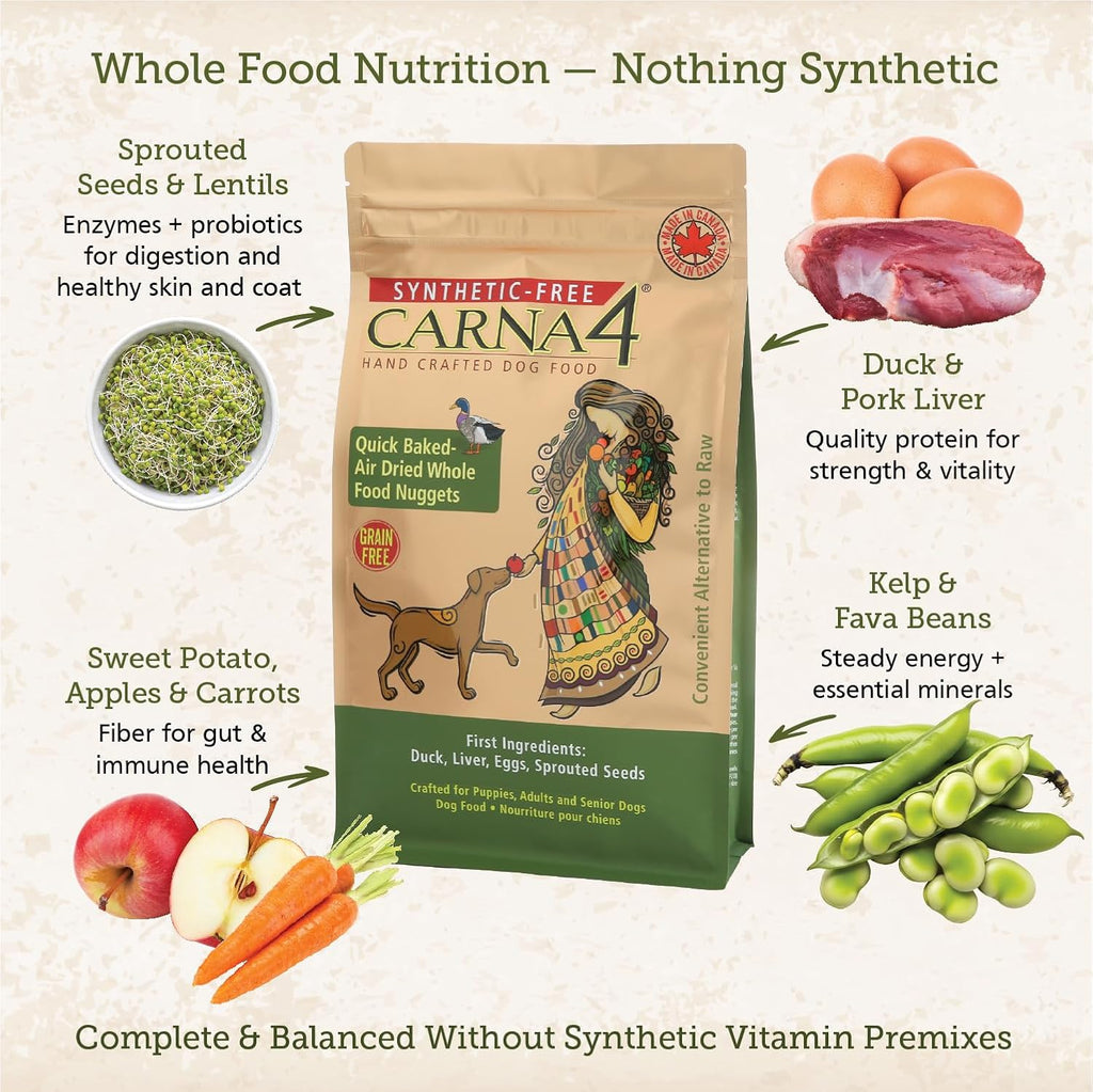 CARNA4 Air Dried Dog Food, Duck Recipe, Grain-Free, 3 Pound | Fresh Canadian Duck & Sprouted Seeds, Quick-Baked & Never Extruded, No Synthetic Vitamins or Minerals
