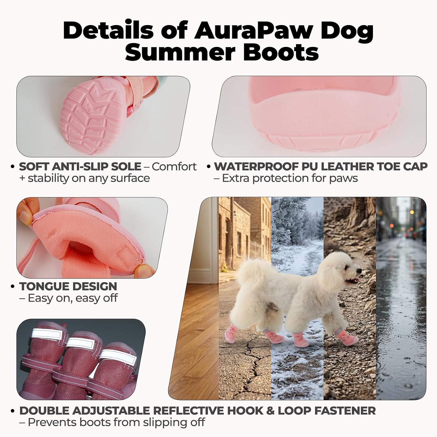Breathable Mesh Boots for Dogs, Reflective Summer Puppy Booties | Adjustable, Anti Slip Paw Protectors for Hot Asphalt Sidewalk Walking, Pink, Size 1