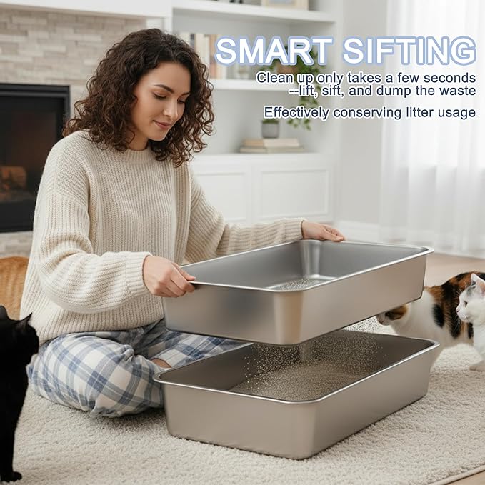 Teheao 2 Pack Stainless Steel Sifting Cat Litter Box for Clumping Litter, Kitty Large Metal Sifter Tray Pan with Cat Litter Bag, Low Dust, Odor Control, Easy Cleaning (15.7"*11.8"*5.9")
