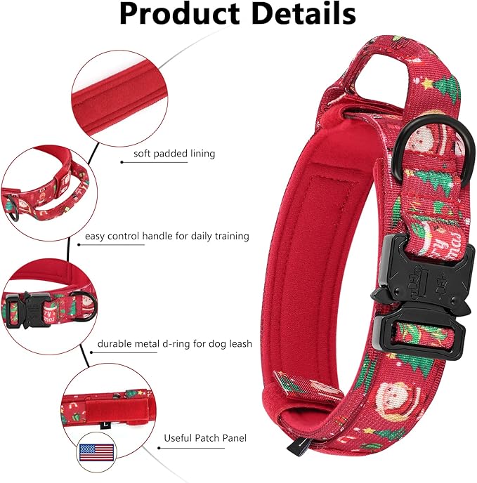 DAGANXI Christmas Tactical Dog Collar, Adjustable Military Training Nylon Dog Collar with Control Handle and Metal Buckle for Medium and Large Dogs, with Patches and Airtags Case (XL, Christmas red)