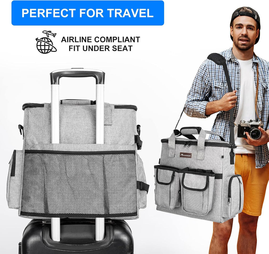 Dog Travel Bag, Airline Approved Pet Travel Bag with 2 Dog Treat Training Pouches for Weekend Pet Travel Supplies & Accessories, Light Grey | Dog travel accessories set with feeding supplies, bowls, mat, and strap. Ideal for weekend trips.