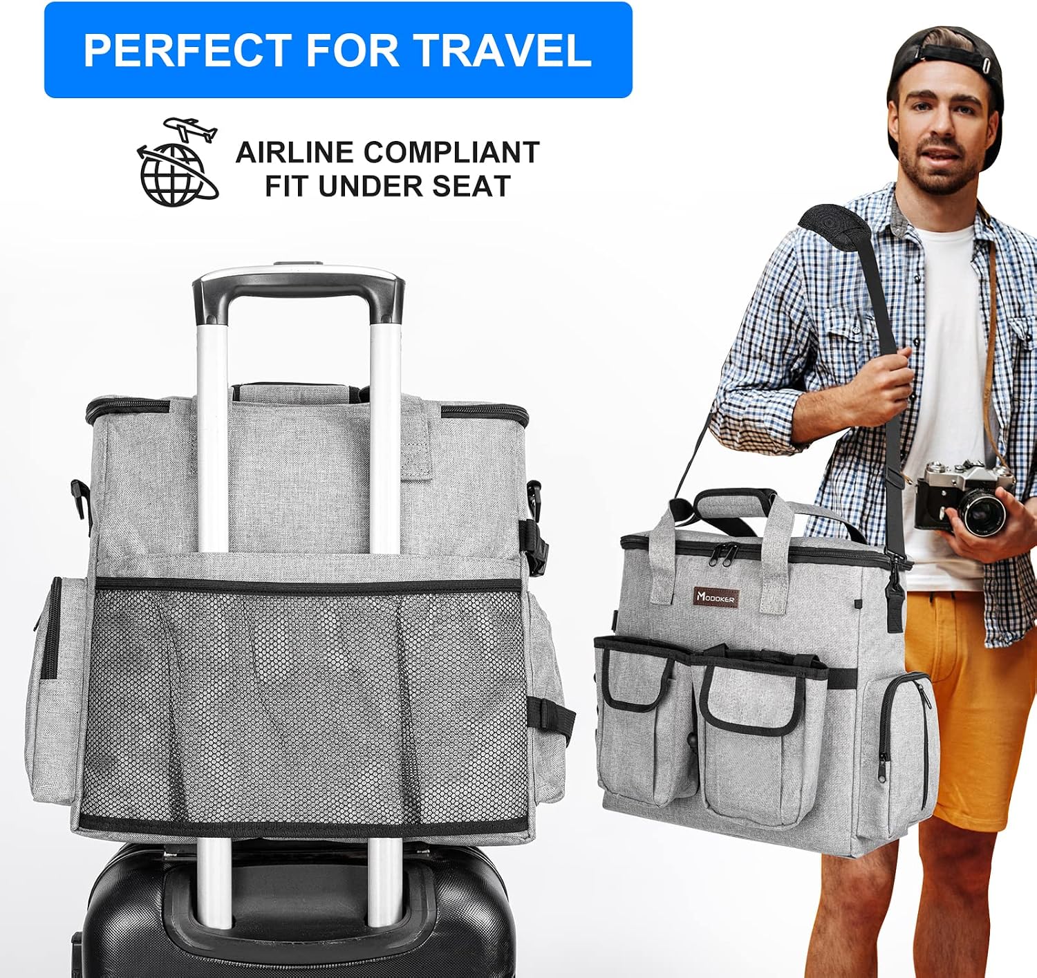 Dog Travel Bag, Airline Approved Pet Travel Bag with 2 Dog Treat Training Pouches for Weekend Pet Travel Supplies & Accessories, Light Grey | Dog travel accessories set with feeding supplies, bowls, mat, and strap. Ideal for weekend trips.