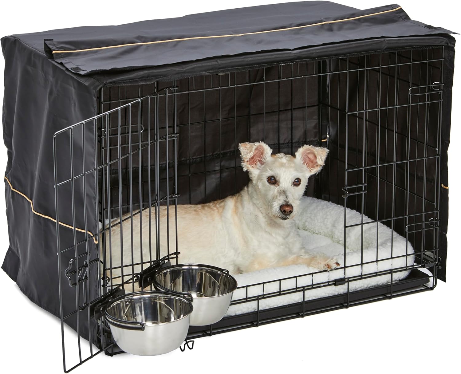 MidWest Homes for Pets Double Door iCrate Starter Kit, 30-inch Dog Crate Bundle for Medium Breeds, Includes Cage, Pet Bed, 2 Bowls and Privacy Cover