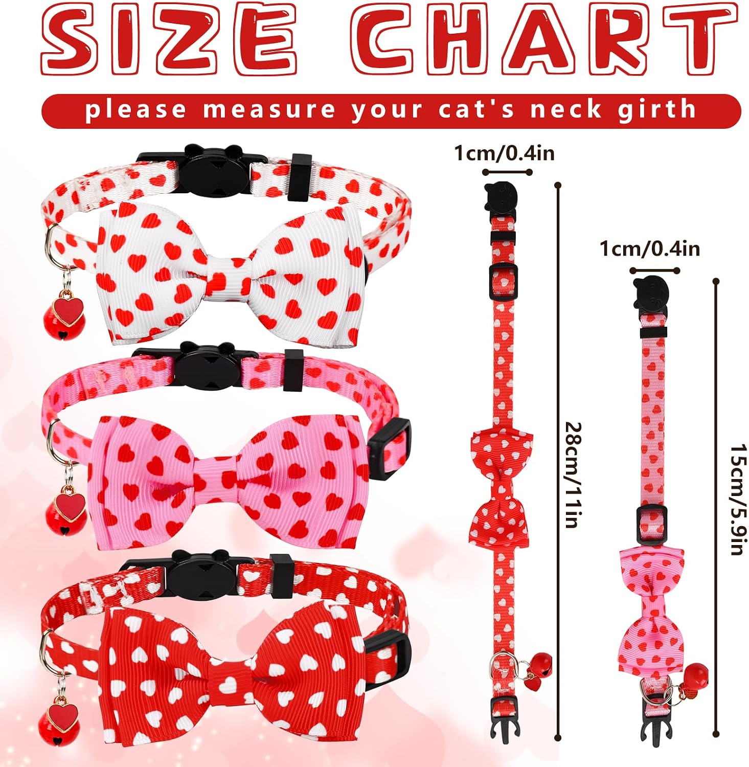 JarThenaAMCS 3Pcs Valentine's Day Cat Collar Love Heart Bowtie Collar with Breakaway Bell Red White Pink Adjustable Kitten Collars for Girl Boy Cat Small Pet