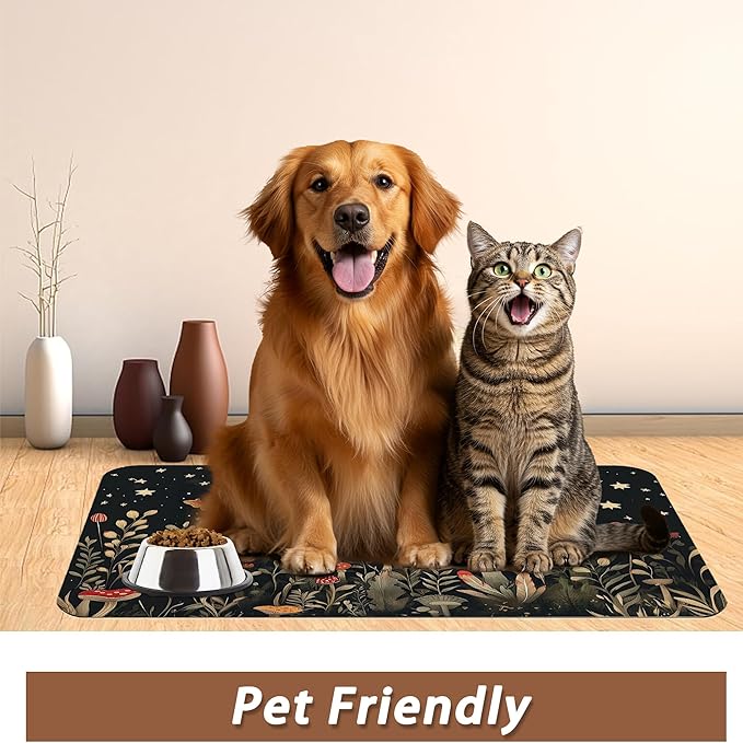 Red Mushrooms Pet Feeding Mat,Wildflower Plant Butterfly Absorbent Quick-Dry Cat Dog Food and Water Bowl Mats,Non-Slip Rubber Backing Mat,Cat Dog Accessories Supplies 16"x24"
