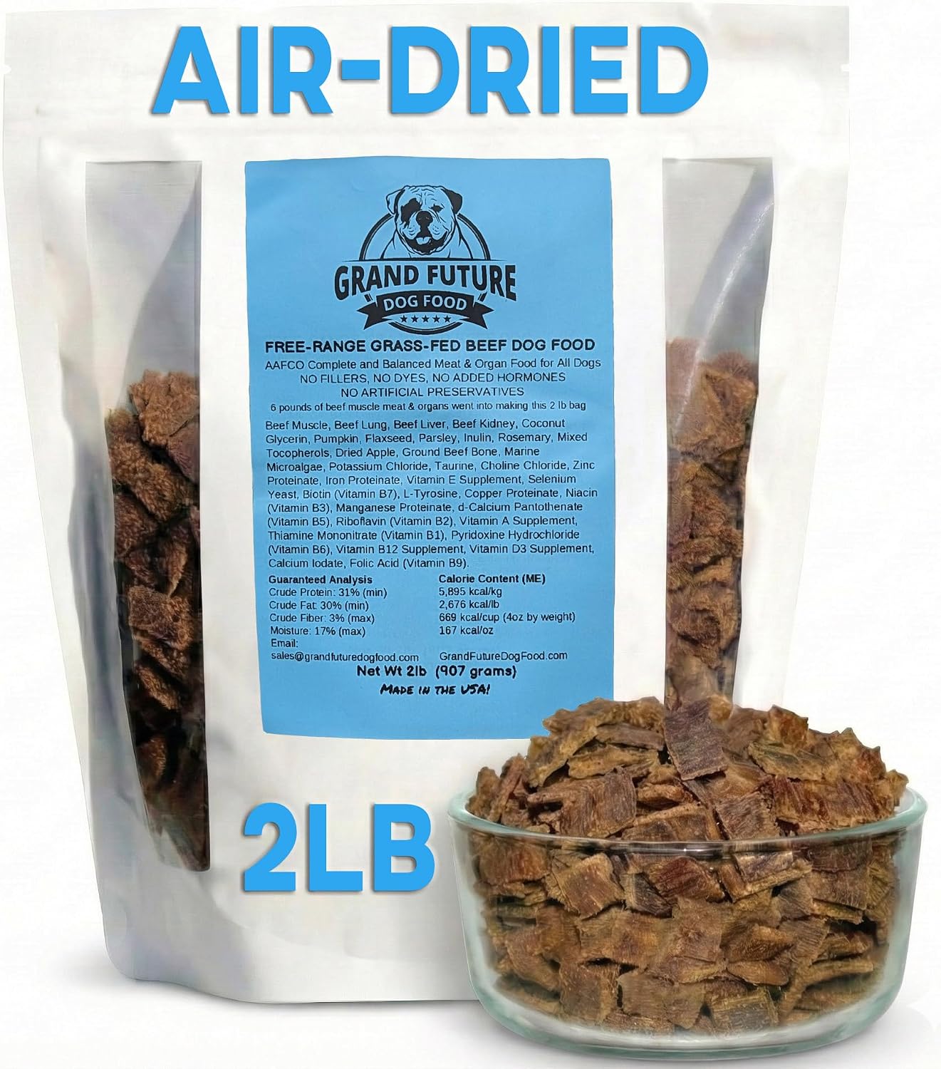 Air-Dried Dog Food - Human-Grade Grass-Fed Beef, 0% Starch, Non-GMO Safe Raw Alternative, Grain-Free, No Fillers, Complete & Balanced for All Life Stages, Made in USA (2 lb Bag)