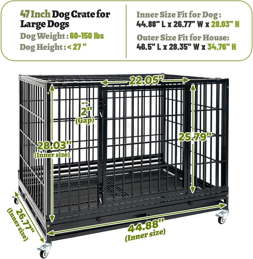 Heavy Duty Large Dog Crates for Large Dogs with Wheels, 47 Inch Metal Wire Stackable Dog Crate Cage with 2 Removable Trays, Multi Locks, Chew Proof Escape Proof Dog Kennel Indoor