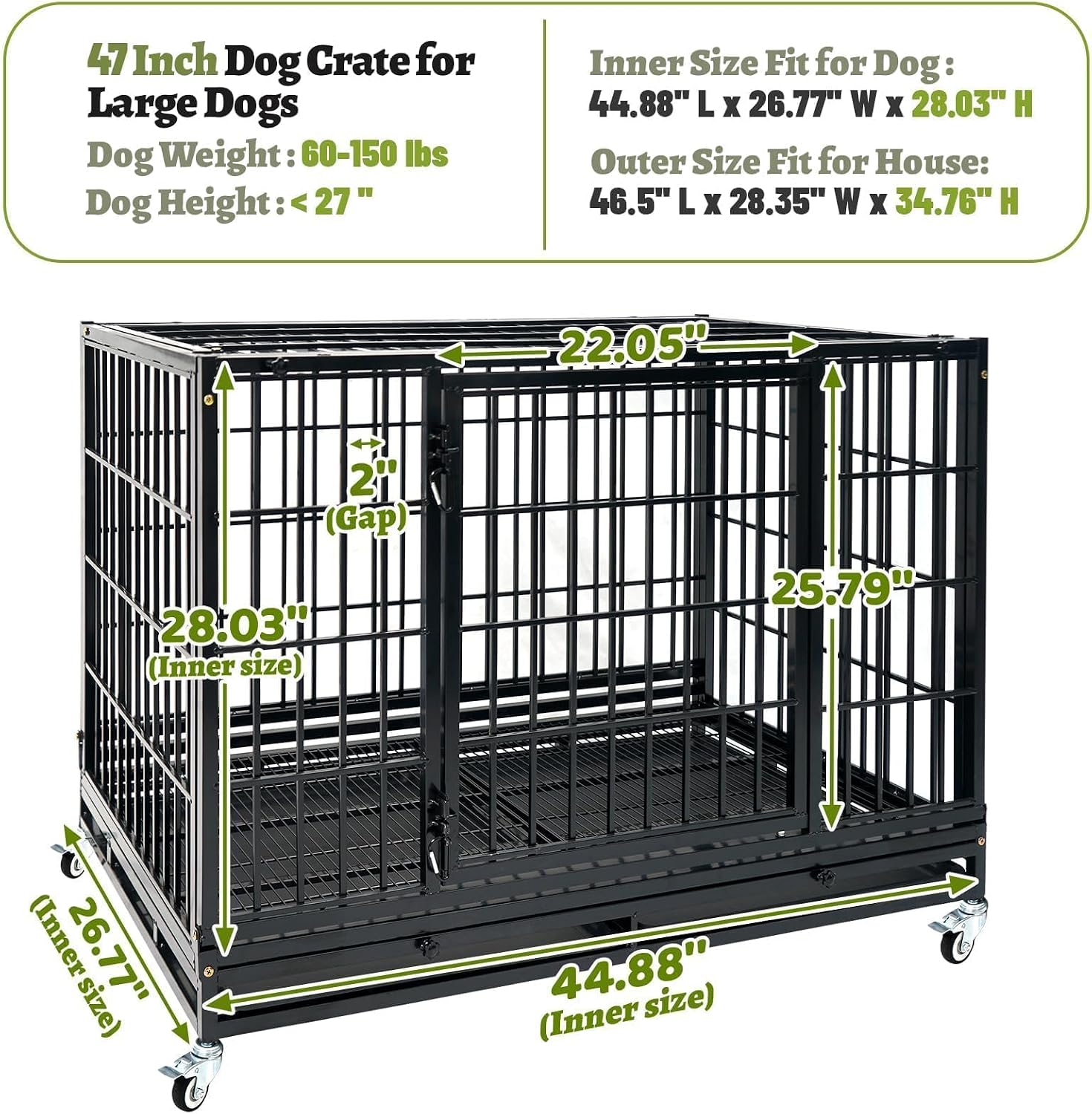 Heavy Duty Large Dog Crates for Large Dogs with Wheels, 47 Inch Metal Wire Stackable Dog Crate Cage with 2 Removable Trays, Multi Locks, Chew Proof Escape Proof Dog Kennel Indoor