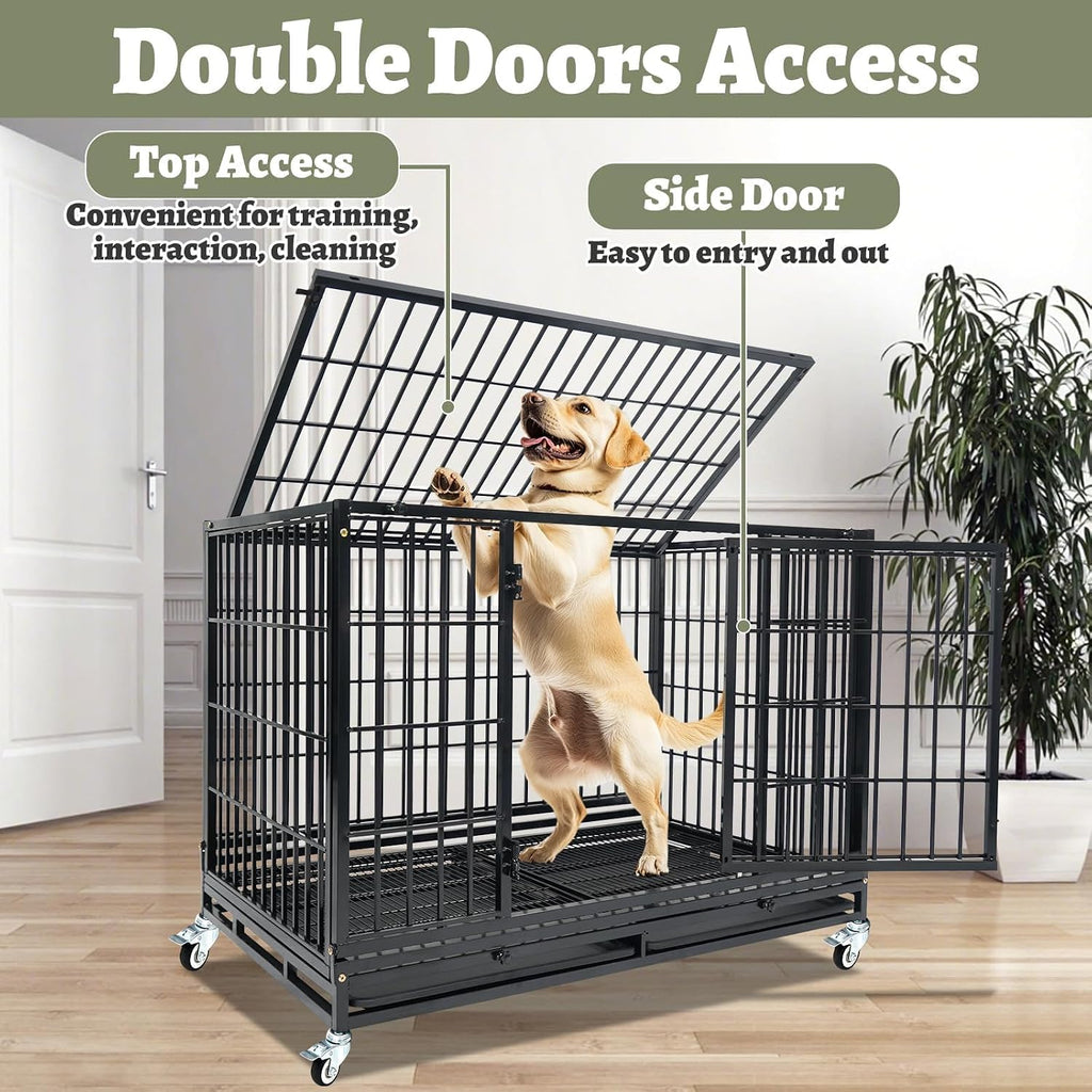 Heavy Duty Large Dog Crates for Large Dogs with Wheels, 47 Inch Metal Wire Stackable Dog Crate Cage with 2 Removable Trays, Multi Locks, Chew Proof Escape Proof Dog Kennel Indoor