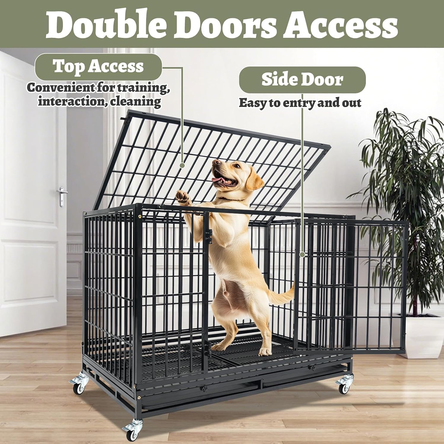 Heavy Duty Large Dog Crates for Large Dogs with Wheels, 47 Inch Metal Wire Stackable Dog Crate Cage with 2 Removable Trays, Multi Locks, Chew Proof Escape Proof Dog Kennel Indoor