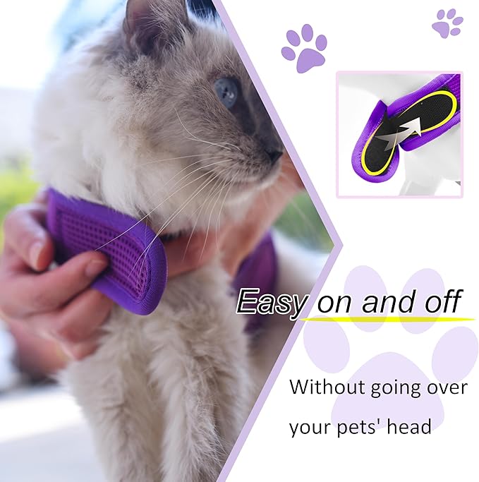 Kitty Harness and Leash for Walking Escape Proof Breathable Mesh Fabric, Purple, X-Small, Adjustable Cat Walking Jackets with Handle, Padded Stylish Cat Vest