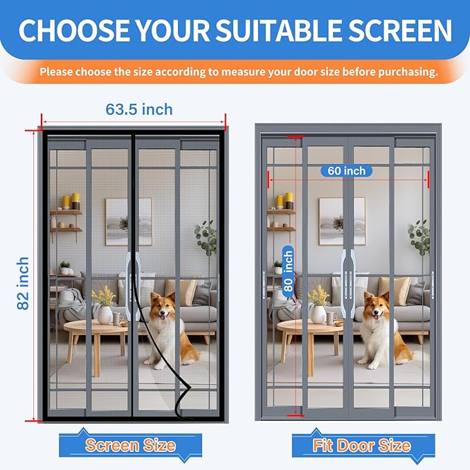 Upgraded PET Mesh Magnetic Screen Door Stronger Than Fiberglass and Polyester,Hands Free,Keep Bugs Out,Pet & Kid Friendly,Suitable for Sliding Doors,Patio and French Doors-60" X 80"