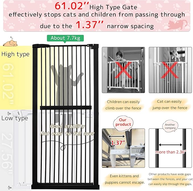 Lumizone Extra Tall Cat Gate 61.02" High Pressure Mounted Extra Wide 30.12"-34.05" (17Sizes) 1.37" Gap No Drilling Auto-Close Tall Pet Gate for Dogs (Black, 30.12"-34.05" W)