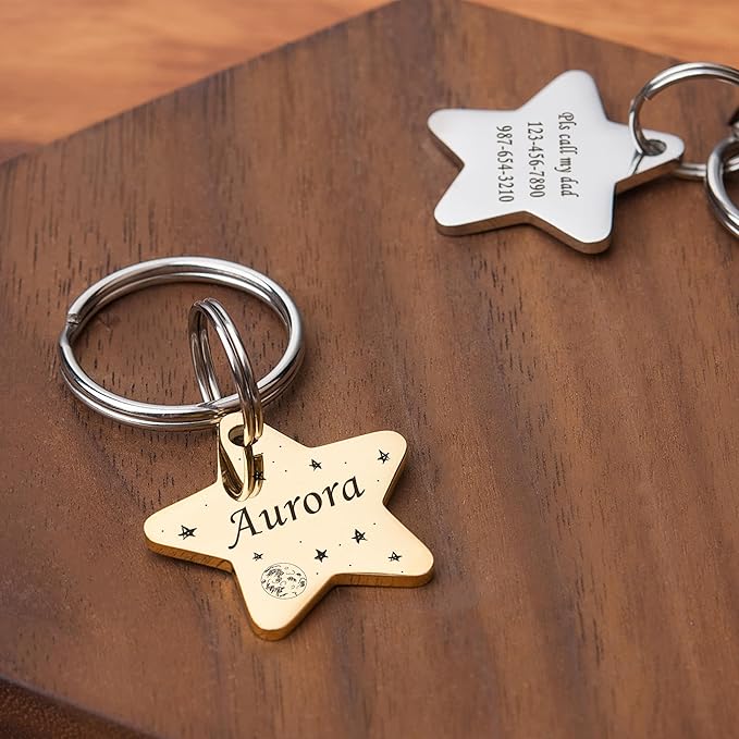 Anavia Small Size Dog Cat ID Tags, Small/XS Personalized Color Plated Stainless Steel Puppy Kitten Name Tags, Customized Engraved Nameplate Pet Collar Tag (Rainbow, Star)