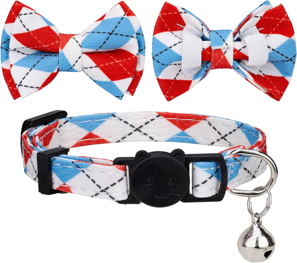 Cat Collar with Bow Tie 2pcs Set Bell Boy Girl Kitten Safety Plaid Grid Checkered Solid Color Suede Velvet Cute Soft Gift C-[2pcs] Argyle
