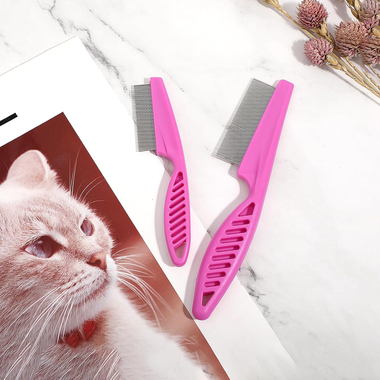 TIESOME Pet Hair Comb Tear Stain Removal,2 Pack Multifunctional Pets Grooming Comb Kit 2 in 1 Dog Combs Stainless Grooming Massage Dual-Sided Comb for Knots Crust Floating Hair Tangle Fleas(Pink) | Multifunctional Pets Grooming Comb Kit, 2 in 1 Dog