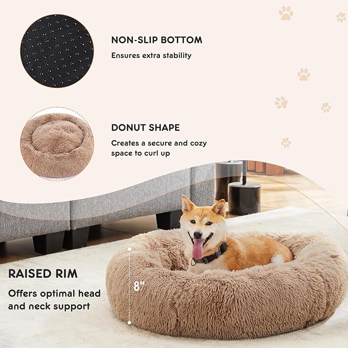 Sweetcrispy Donut Dog Bed, XL Large Round Calming Cat Bed with Washable Waterproof Cushion, Anti-Anxiety & Anti-Slip Fluffy Cuddle Cozy Faux Fur Plush for Pet Puppy Indoor Sleeping(37.4"x3.47",Brown)