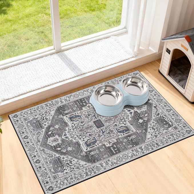 famibay Dog Food Mat, Absorbent Cat Dog Mats for Food and Water, No Stains Quick Dry Pet Cat Bowl Mats with Non Slip Backing, Boho Pet Feeding Mat for Floor Waterproof 12"x20"