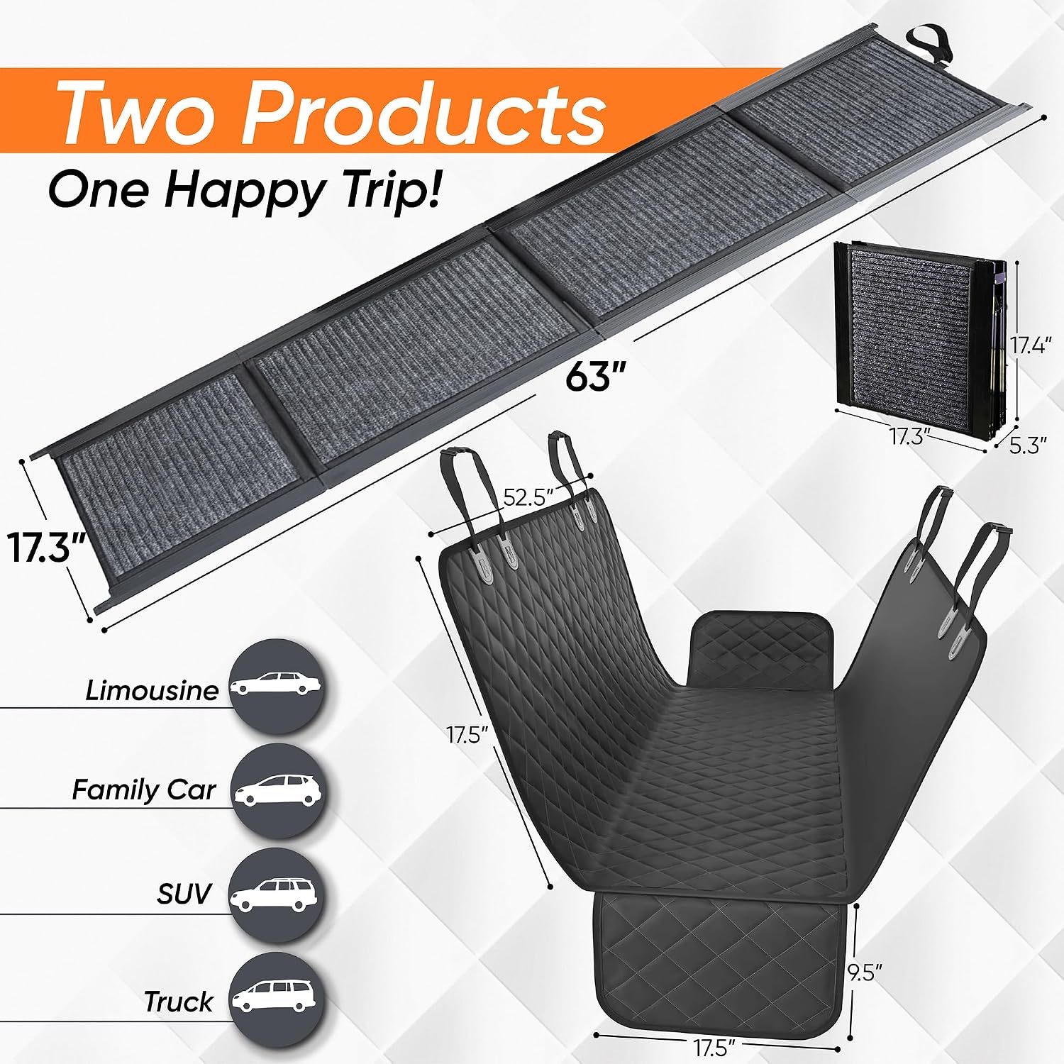 Dog Ramp for Car & Back Seat Cover Bundle – 63” Foldable Non-Slip Dog Ramp + Waterproof 57” Bench Seat Protector – Portable Pet Ramp & Car Seat Cover for SUV, Truck & Car Travel
