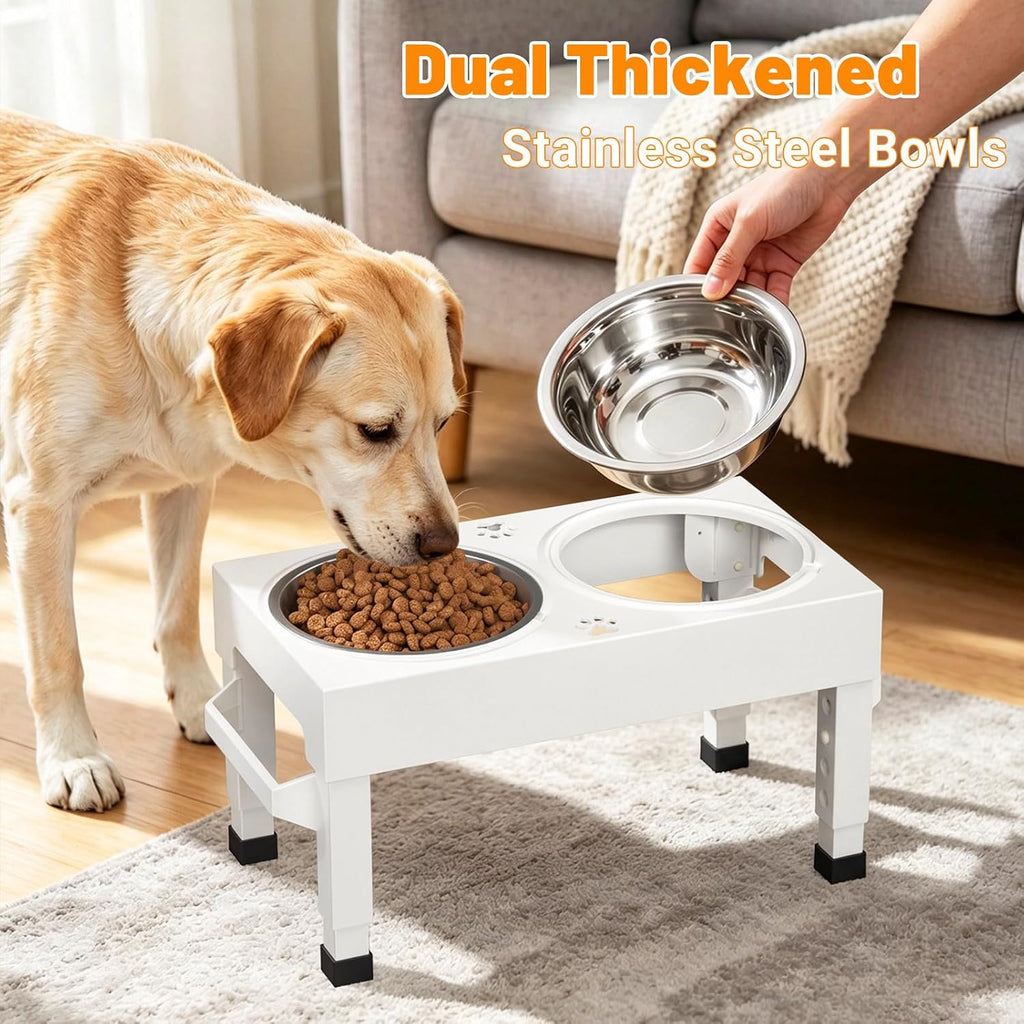 Elevated Dog Bowls Stand Large Breed, Height Adjustable Raised Dog Bowls Holder with 2 Stainless Steel Food Bowls for Small, Medium and Large Canine，White