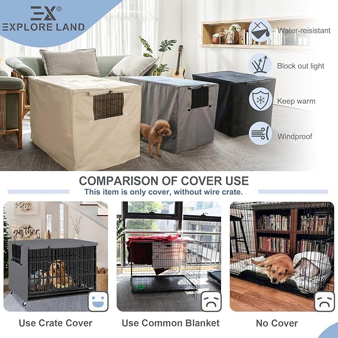 Explore Land Dog Crate Cover Heavy Duty Polyester Pet Kennel Sunshade Universal Fit for 30 inches Wire Cage (Grey)