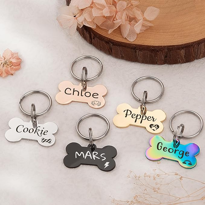 Anavia Small Size Dog Cat ID Tags, Small/XS Personalized Color Plated Stainless Steel Puppy Kitten Name Tags, Customized Engraved Nameplate Pet Collar Tag (Black, Bone)
