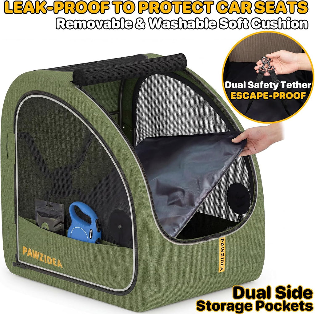 PAWZIDEA Portable Dog Crate for Car Travel, Medium & Large Dogs Up to 80lbs | Soft-Sided Dog Car Kennel for Backseat, Secures Seatbelt & Headrest Strap, Collapsible Enclosed Car Seat Carrier, Chew-Proof