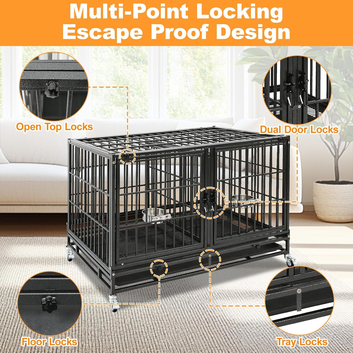 Homey Pet 43" Double Dog Crate, Heavy Duty Stackable Kennel with Divider | Drop Cage for Dogs with Dual Doors, Auto Locks, Bowls, Removable Tray, for Small & Medium Dogs, Breeders and Multi-dog Homes