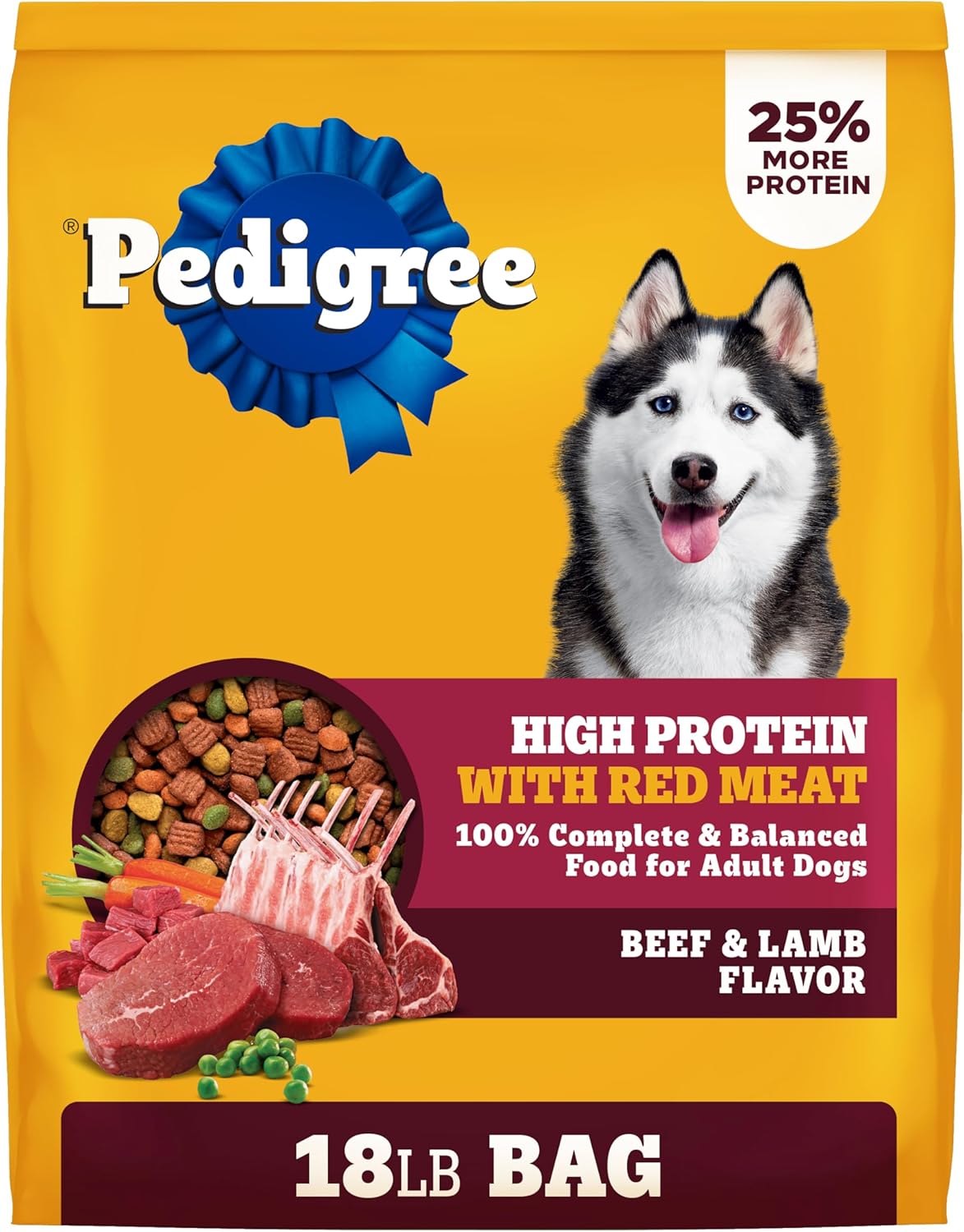 Pedigree High Protein Adult Dry Dog Food, Beef and Lamb, 18 lb | Real red meat, 25% more protein, 36 vitamins & minerals, prebiotic fiber, Omega 6 & Zinc, 100% complete & balanced