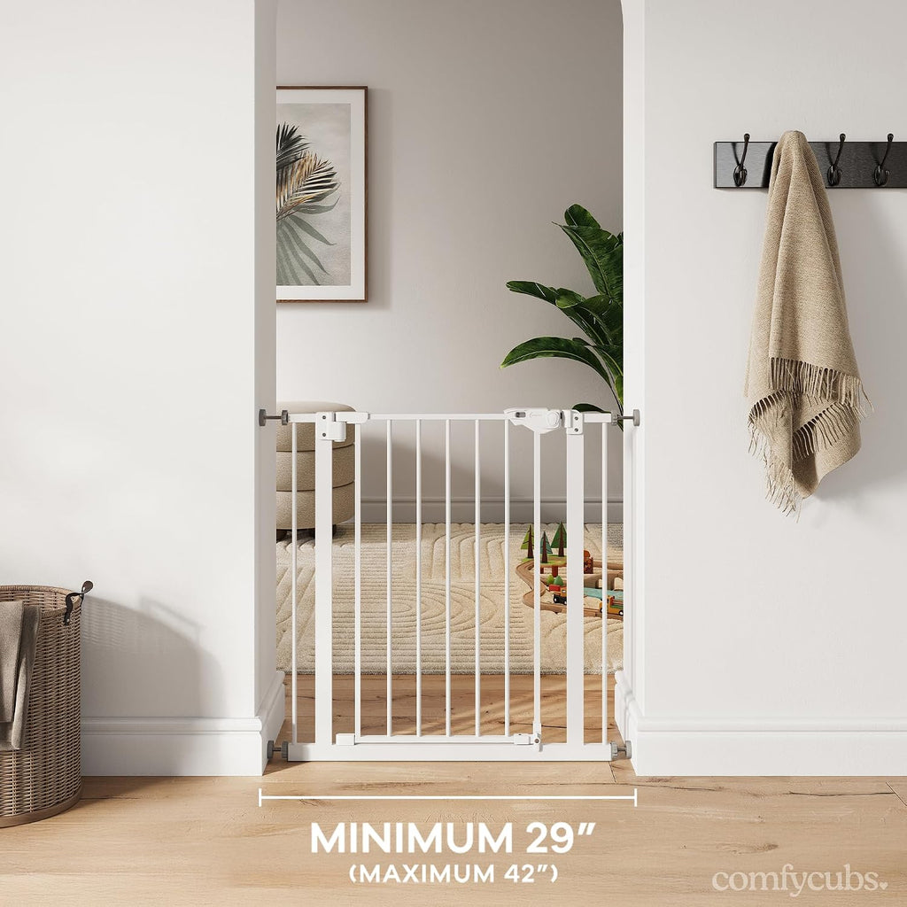 Comfy Cubs Baby Safety Gate with 3 Extensions - Adjustable 42" x 1.9" x 30" Q195 Steel Doorway Barrier - Powder-Coated Finish for Stairs and Doorways - Walk-Through Design Pet Gate - White
