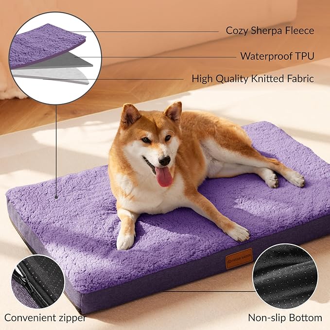 Patas Lague Orthopedic Dog Bed Large Sized Dog 36''X24'',Soft Waterproof Egg Crate Foam Medium Pet Crate Beds Mat with Removable Washable Cover and Non-Slip Bottom, Purple