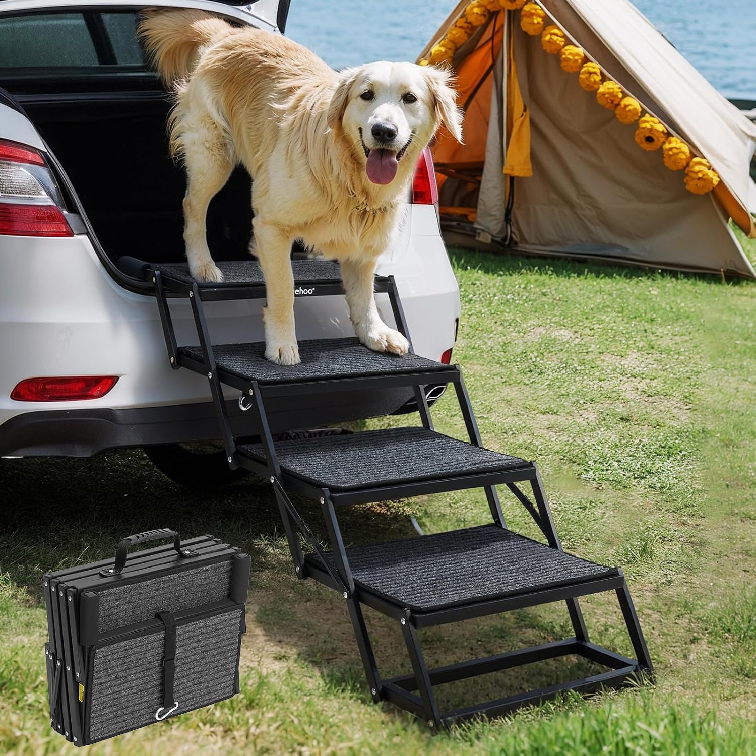 Veehoo Foldable Dog Steps for Car Truck SUV, Collapsible Large Dogs Stairs | 4 Steps Folding Dog Ramp for Cars Portable Pet Ramps Ladder Heavy Duty Non Slip for Trucks Vehicle 17" Wide, Up to 200lbs