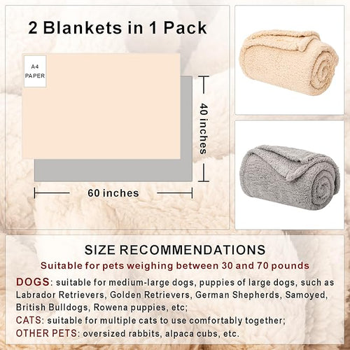 2 Blankets, Dog Cat Pet Blanket, Soft Warm Fleece, for Puppy, Small Dogs or Kitten, Cats, Plush Fuzzy Blanket for Bed, Sofa, Travel (60" x 40", 2/Pack, Beige+Light Gray)