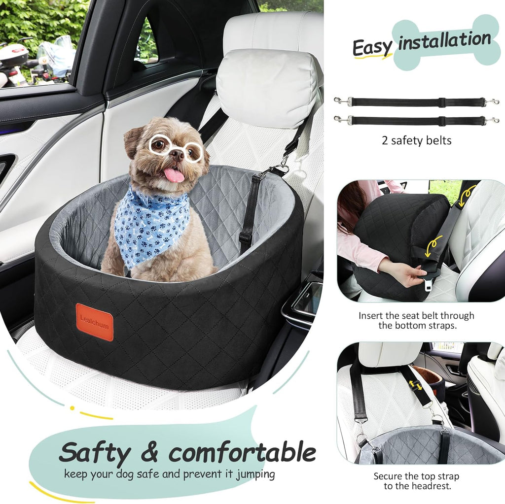 Lealchum Dog Car Seat for Small Dogs Up to 30 Lbs,Ultra Soft Fabric Fill in Comfy Memory Foam,Happy Pet Ride,2 Safety Dog Leashes,Fully Detachable and Washable,Anti Slip Base(Black/Grey)