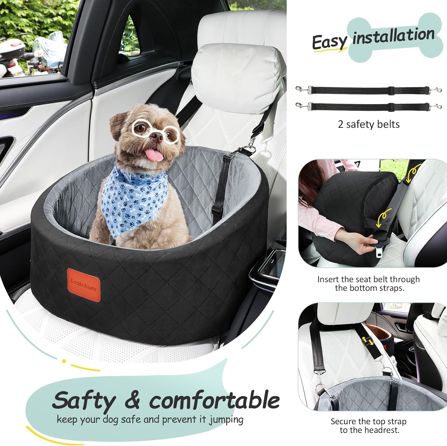 Lealchum Dog Car Seat for Small Dogs Up to 30 Lbs,Ultra Soft Fabric Fill in Comfy Memory Foam,Happy Pet Ride,2 Safety Dog Leashes,Fully Detachable and Washable,Anti Slip Base(Black/Grey)