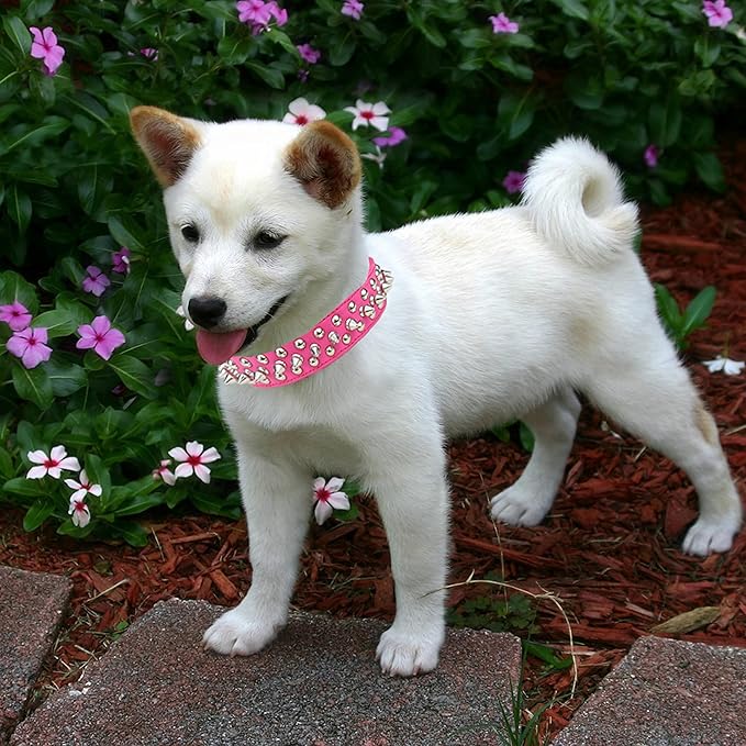 TEEMERRYCA Adjustable PU Leather Spiked Studded Dog Collars with a Squeak Ball Gift for Small Medium Large Pets Like Cats/Pit Bull/Bulldog/Pugs/Husky, Hot Pink, XL 17.7"-20.5"