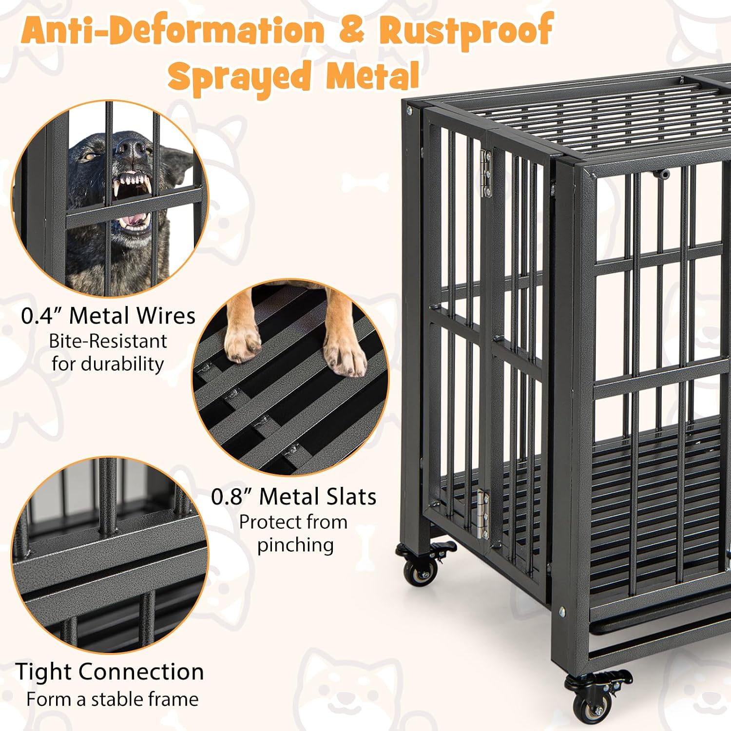 Tangkula Foldable Dog Crate, 3-Door Heavy Duty Dog Kennel with Removable Crate Tray, 4 Smooth Wheels, Indestructible Dog Crate for Indoor and Outdoor, Kennel Cage for Medium and Large Dogs