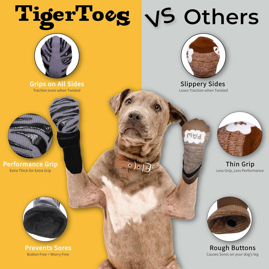 DOK TigerToes Premium Non-Slip Dog Socks for Hardwood Floors - Extra-Thick Grip that Works Even When Twisted - Prevents Licking, Slipping, and Great for Dog Paw Protection - Size Large