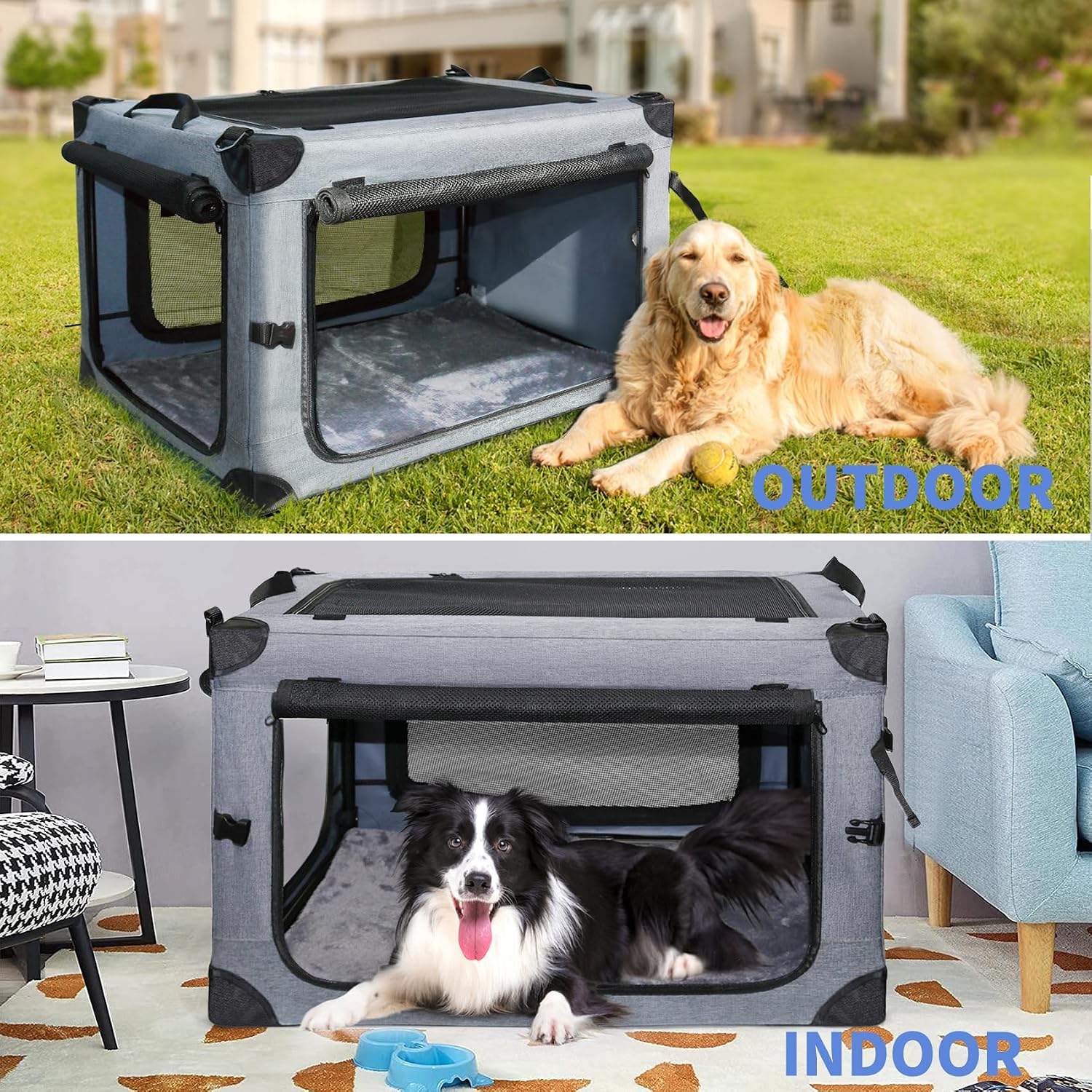 NEZUC Collapsible Dog Crates for Large Dogs Portable Soft Sided Travel Dog Carrier for Indoor & Outdoor, 4-Door Foldable Pet Kennel with Durable Mesh Windows (Gray, 24.0" L x 17.0" W x 17.0")