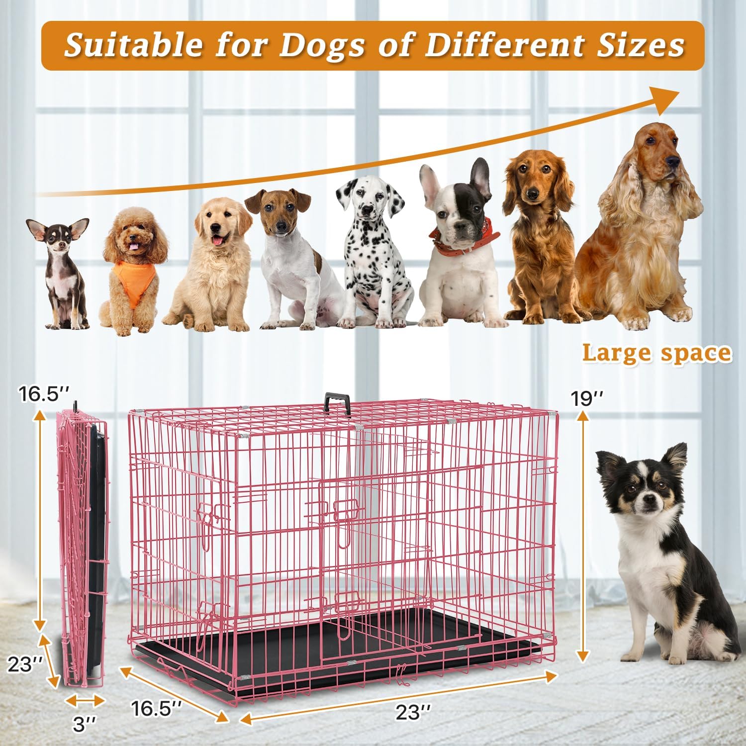 Dog Crate Dog Kennel Cage for Small Dogs, 24" Portable Foldable Indoor Outdoor Large Double Door Wire Metal Puppy Cat Pet Dog Cage with ABS Tray LC & Divider, Pink