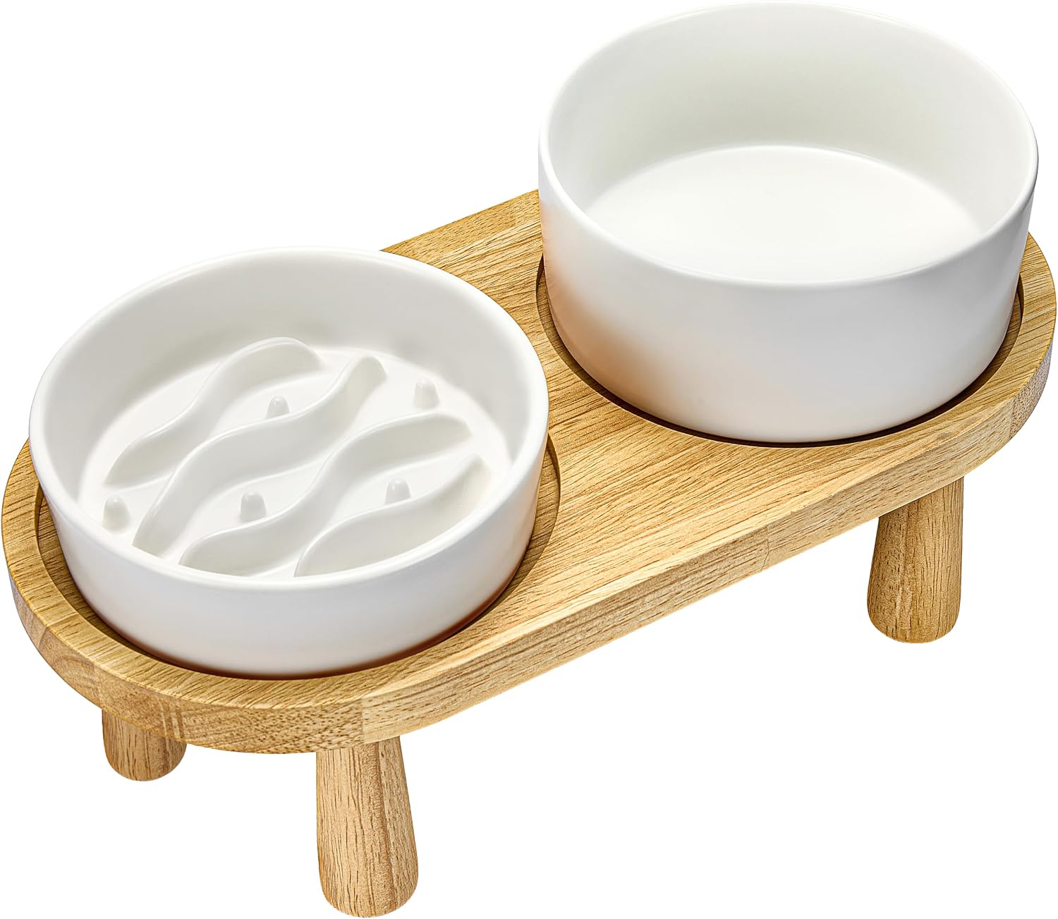 Ceramic Slow Feeder and Water Bowl Set for Small Dogs, 0.6 Cups Dog Slow Feeder(14oz) and 30oz Water Bowl Set, 6in, White