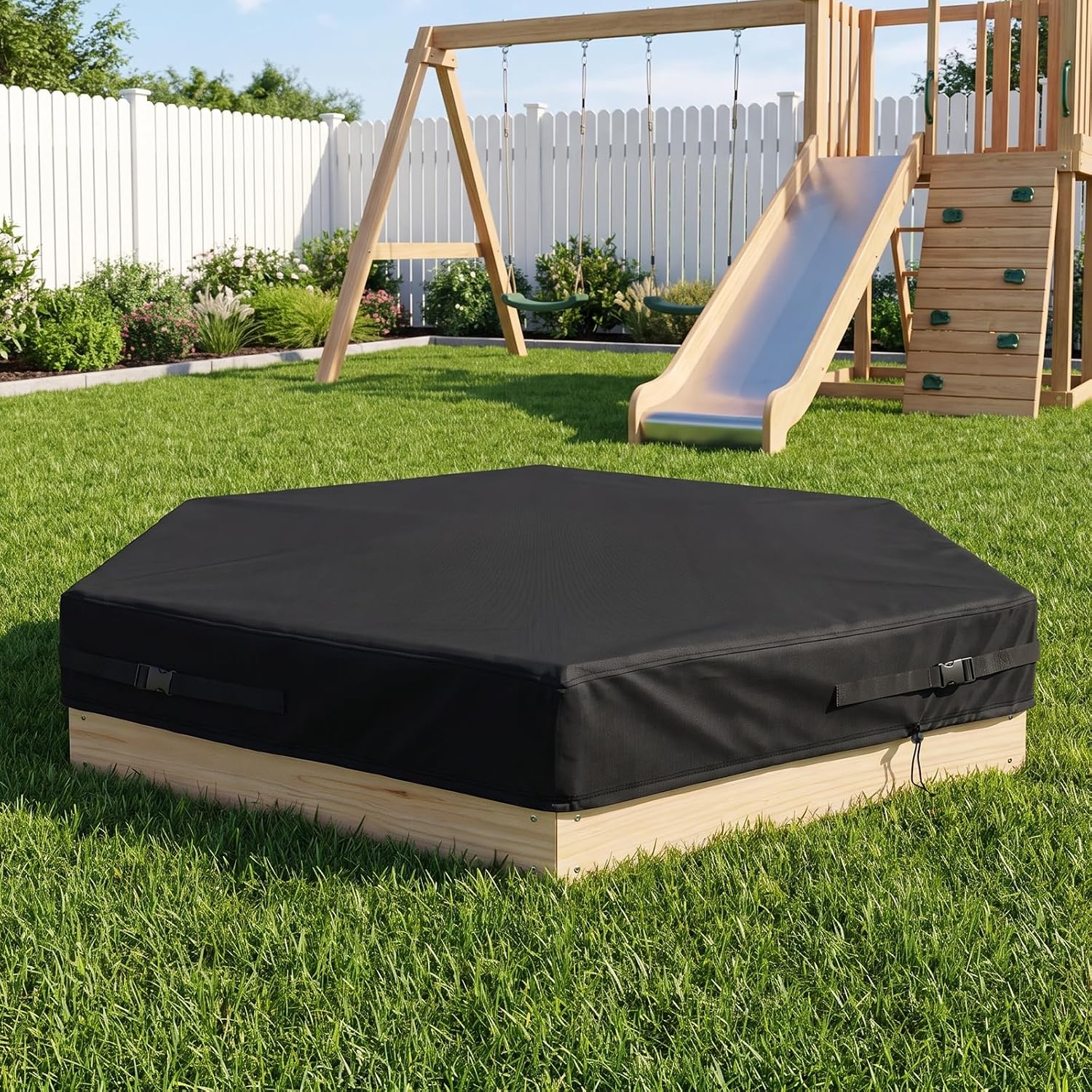 Kasla Hexagon Sandbox Cover, Custom Cover | Heavy Duty, Waterproof, Fits Large Sand Pit & Outdoor Wooden Sandbox for Toddlers Patio Backyard Garden Play