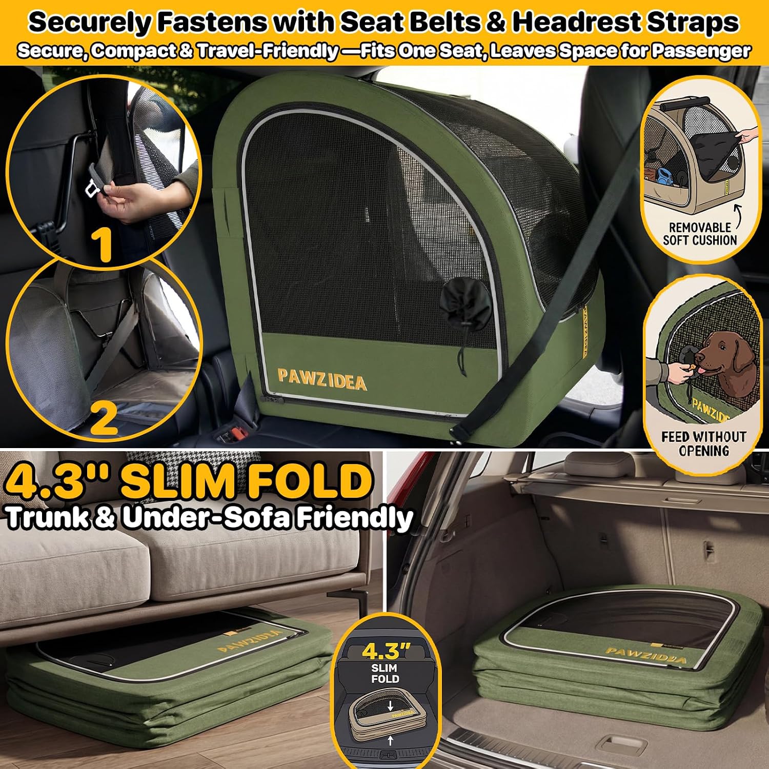 PAWZIDEA Portable Dog Crate for Car Travel, Medium & Large Dogs Up to 80lbs | Soft-Sided Dog Car Kennel for Backseat, Secures Seatbelt & Headrest Strap, Collapsible Enclosed Car Seat Carrier, Chew-Proof