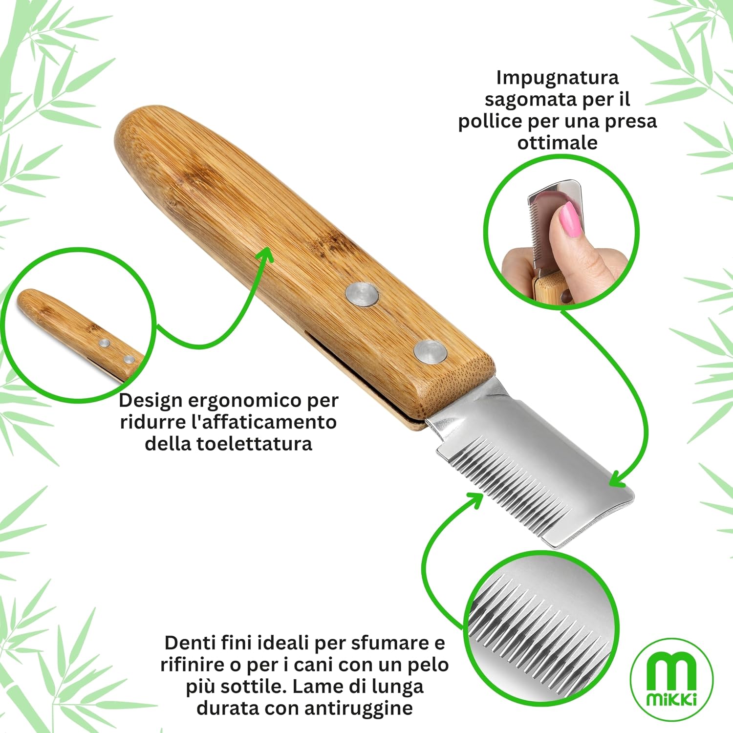 Mikki Bamboo Stripping Knife For Dog Grooming, For Stripping Overgrown Hair from Top Coat, Long Lasting Anti-Rust Blades, Easy Hold Contoured Handle, Fine Tooth for Silky Coated Dogs