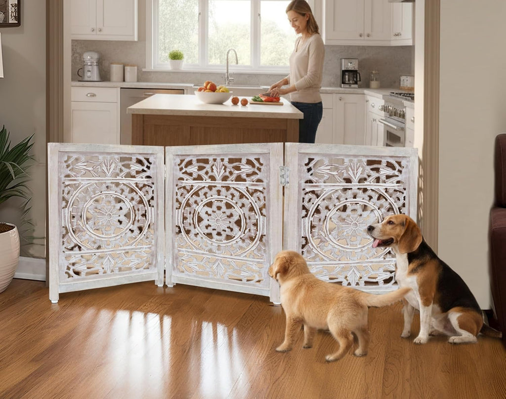 Croft&Cane Wooden Foldable Pet Dog Gate - Hand Carved 3-Panel 60 W x 24 H | Suzani White Wash Freestanding Portable Puppy Dog Fence - Solid Wood & MDF Indoor Doorway Hallway Stairs Safety Barrier