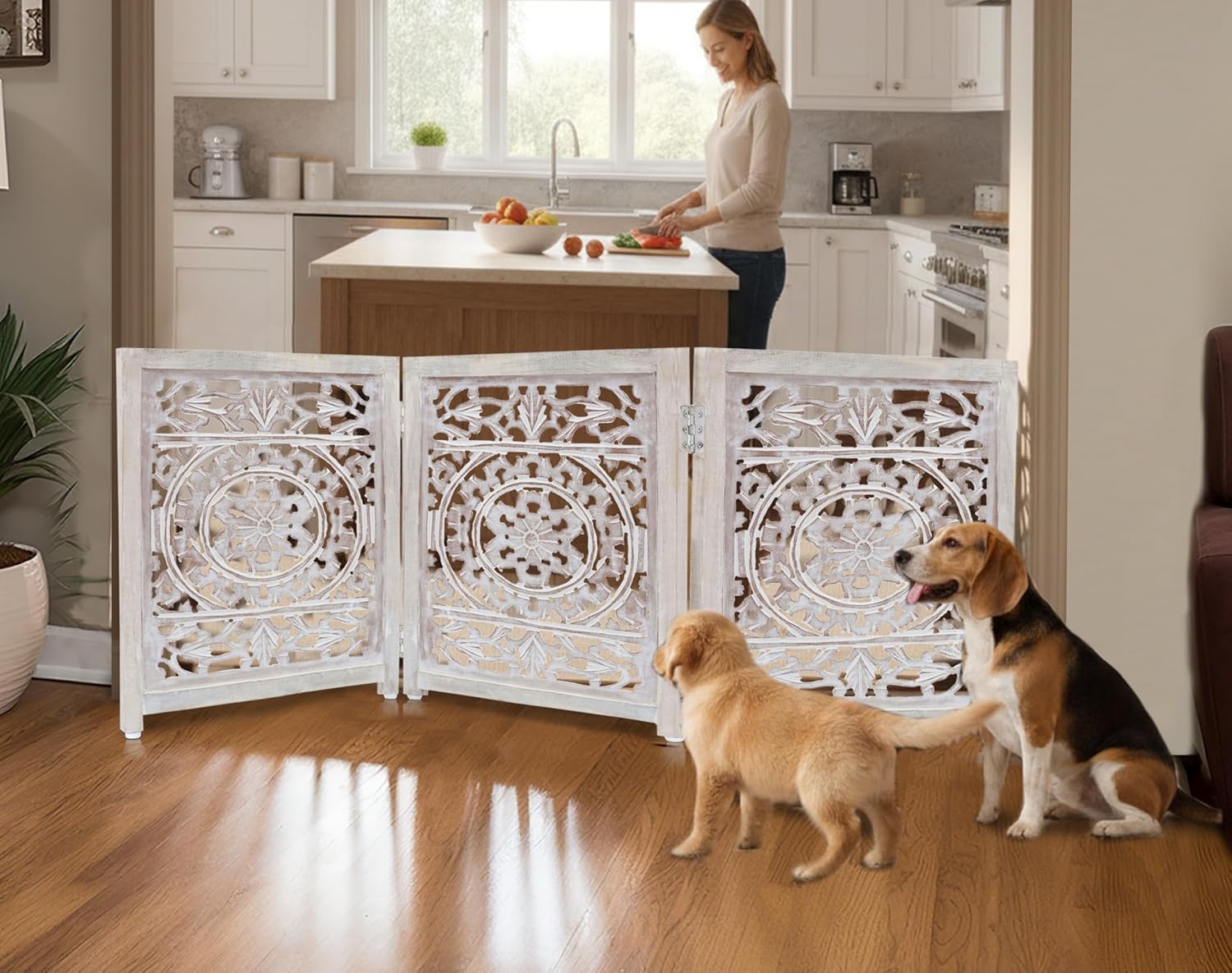 Croft&Cane Wooden Foldable Pet Dog Gate - Hand Carved 3-Panel 60 W x 24 H | Suzani White Wash Freestanding Portable Puppy Dog Fence - Solid Wood & MDF Indoor Doorway Hallway Stairs Safety Barrier