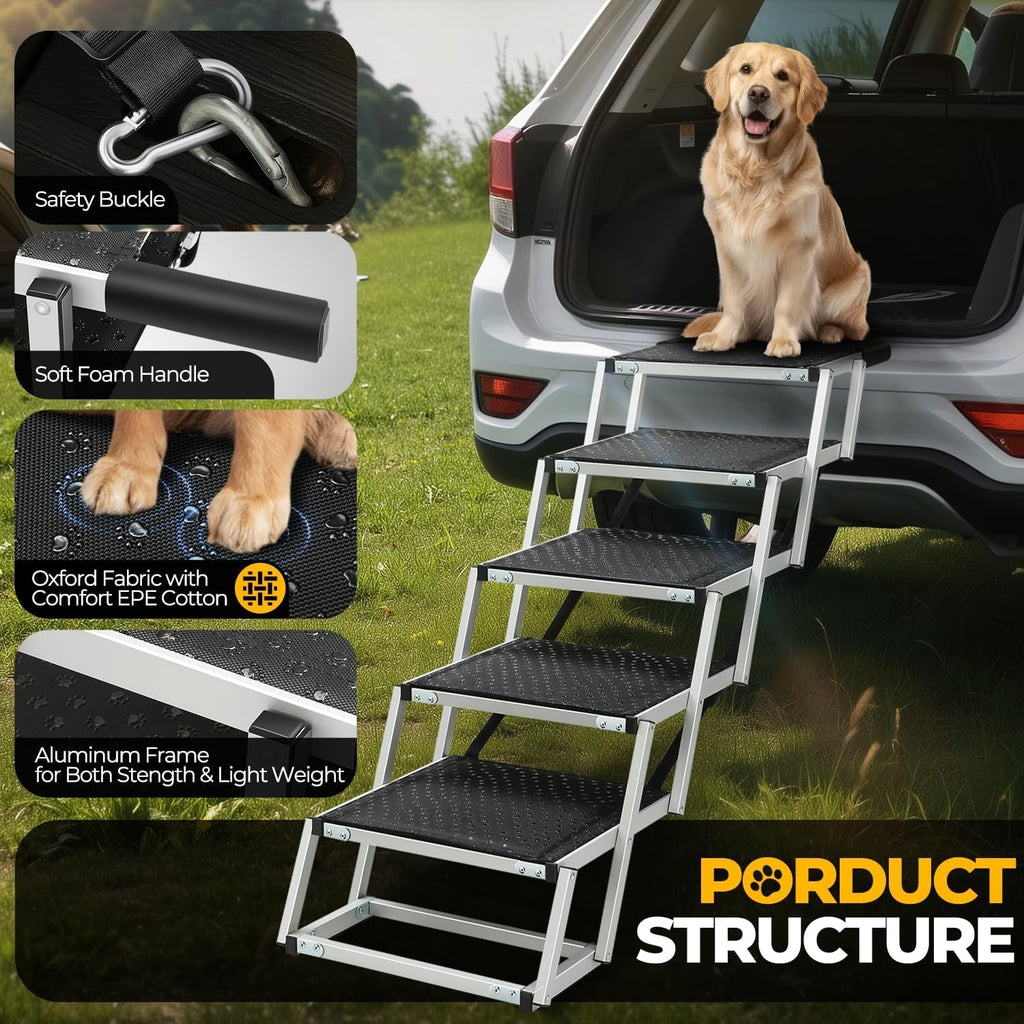 Auto Dynasty Dog Stairs for Car - 5 Steps Wide 37in High 31in Foldable Dog Ramp for Car Non-Slip Surface Support up to 150lbs - Suitable for SUV,Truck, Sofas, Bed/Couch